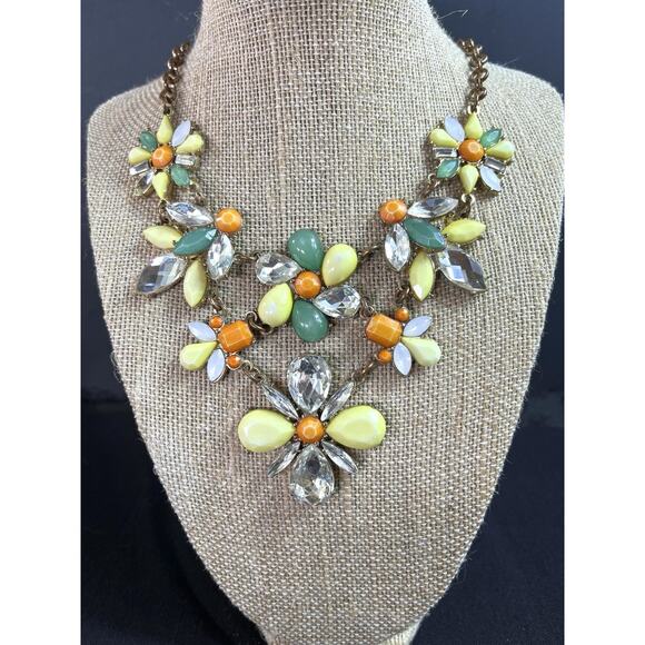 Multicolor Crystal Floral Statement Necklace Copper Tone - Picture 1 of 6